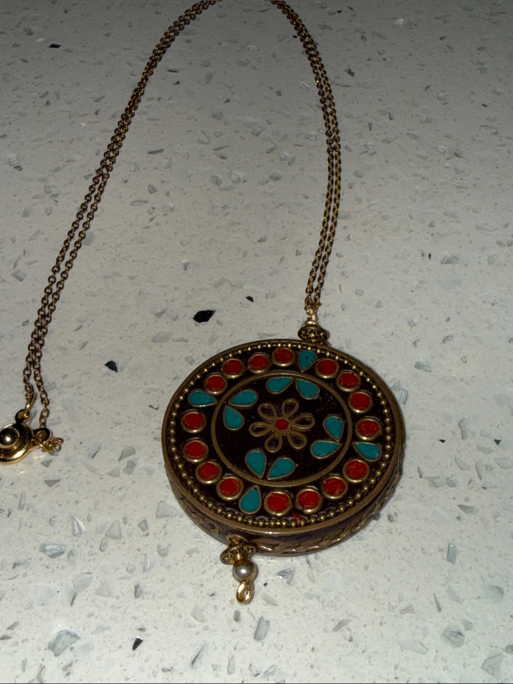 Gold-Tone Red & Turquoise Enamel Round Pendant Necklace